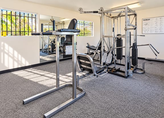A gym with a variety of equipment including a weight bench, a leg press machine, and a squat rack.