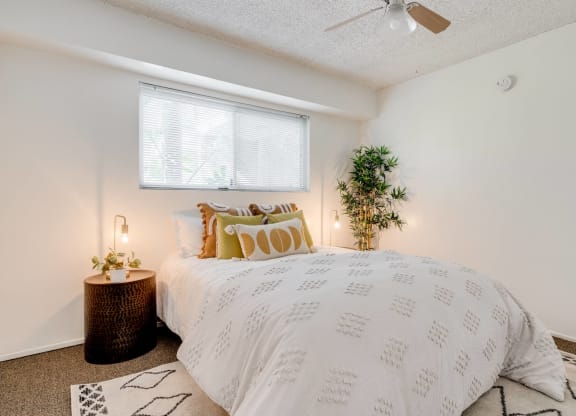 a bedroom with a bed and a plant and a ceiling fan at University Park, Azusa