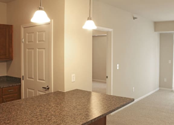 a view of the kitchen and living room