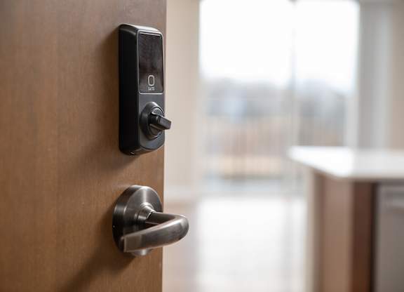 A door handle with a keypad lock on a wooden door.
