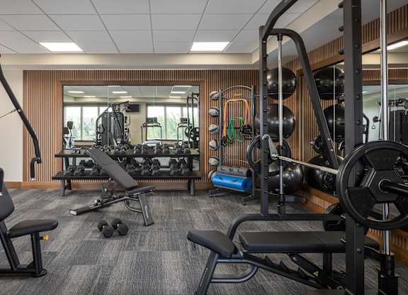 A gym with a variety of equipment including a bench press, a squat rack, and a rowing machine.