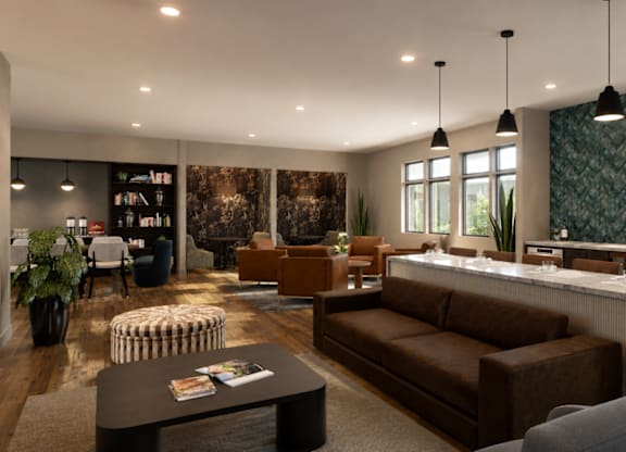 A modern living room with a dark brown sofa and a coffee table.