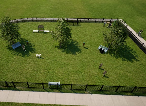 A dog park with a black fence and a dog walking on the grass.