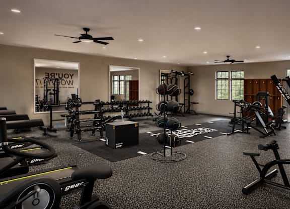 A well-equipped gym with various exercise machines and weights.