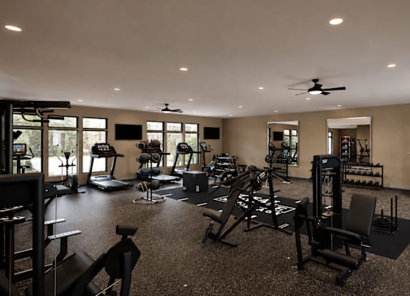 A spacious gym with a variety of equipment.
