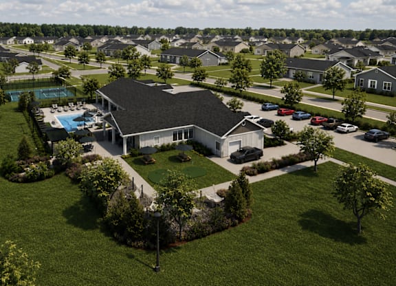 A bird's eye view of a residential area with houses, cars, and a swimming pool.