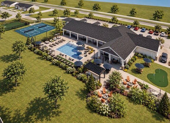 A large house with a pool and a tennis court.