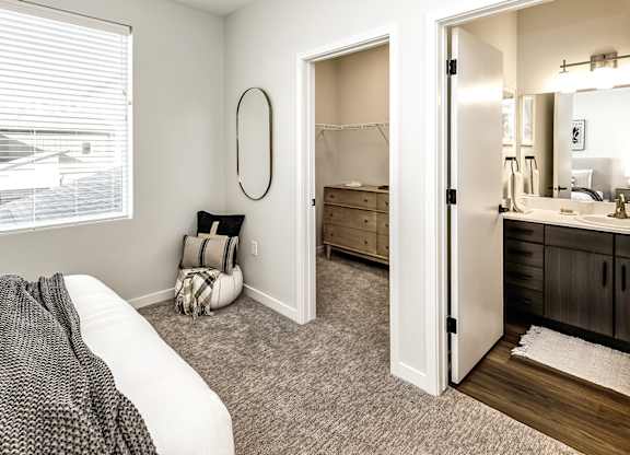 Modern bedroom at The Trails at North Streams in Omaha, NE