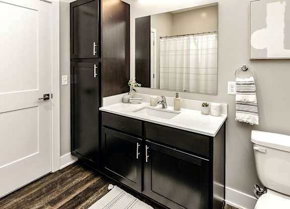 Modern bathroom model at The Westline at Flanagan Lake in Omaha, NE