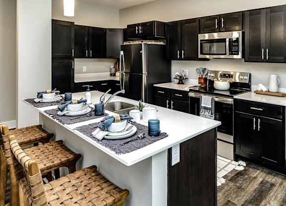 Modern kitchen model at The Westline at Flanagan Lake in Omaha, NE