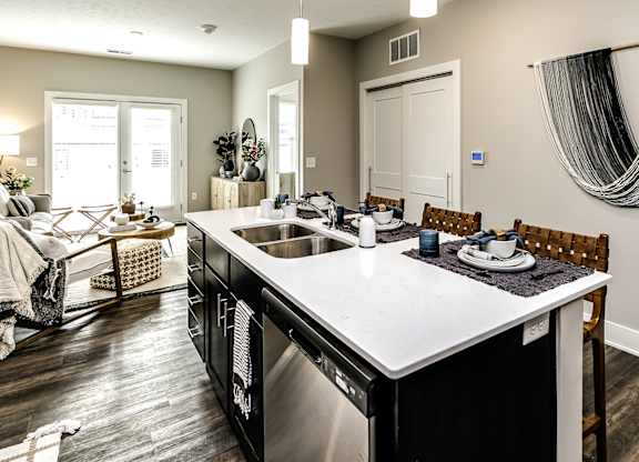 Modern kitchen model at The Westline at Flanagan Lake in Omaha, NE