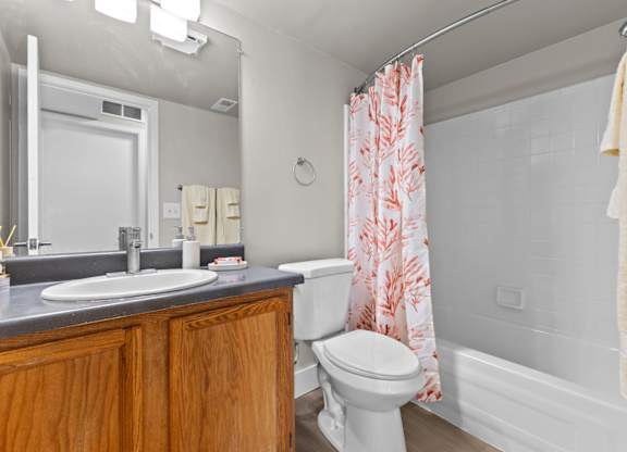 A bathroom with a toilet, sink, and shower curtain.