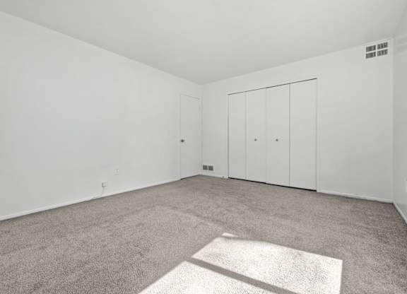 A room with a carpet and a white wall.