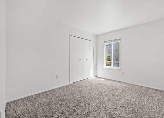A room with a carpeted floor and a window showing a building outside.