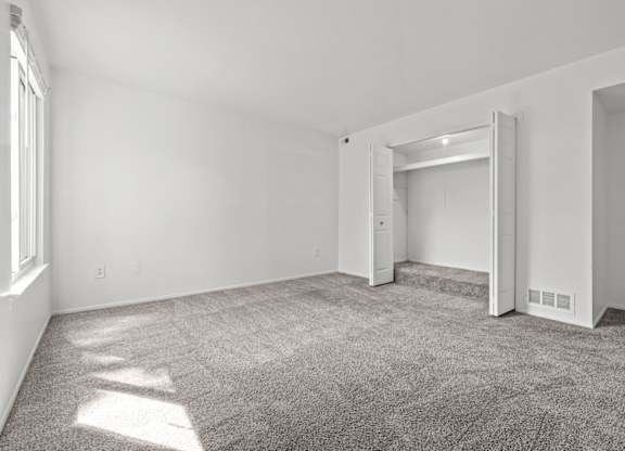 A room with white walls and carpeted floor with sunlight coming through a window.
