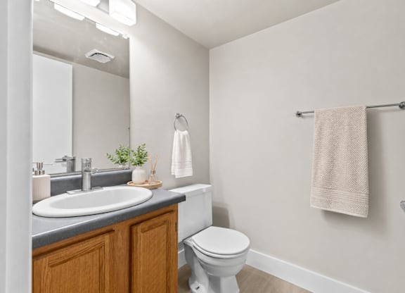 A bathroom with a toilet, sink, and towel rack.