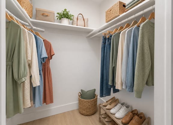 Clothes hanging on a rack in a closet.