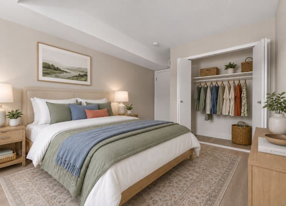 A bedroom with a large bed and a wardrobe with clothes hanging on it.