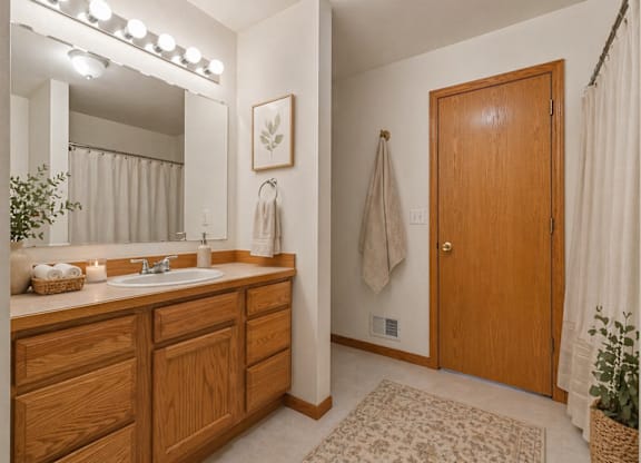 A bathroom with a wooden vanity and a mirror above it.