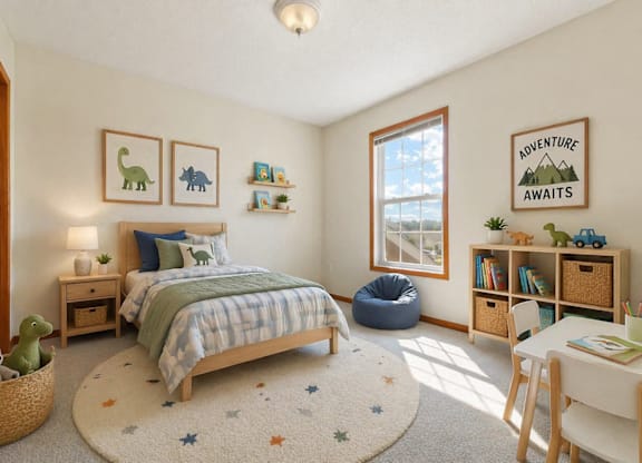 A child's bedroom with a bed, desk, and a window.