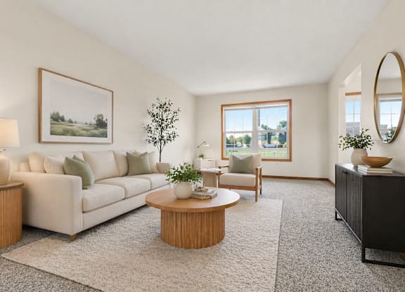A living room with a couch, a coffee table, and a painting on the wall.