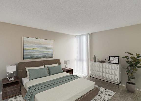 A bedroom with a large bed and a painting on the wall at The Waverly on the Lake - Belleville, MI Apartment , Belleville, Michigan