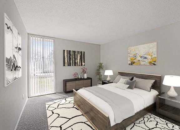 A bedroom with a large bed and a painting on the wall at The Waverly on the Lake - Belleville, MI Apartment , Belleville, 95050