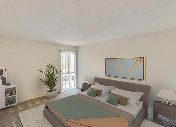 A bedroom with a bed, nightstand, and a plant at The Waverly on the Lake - Belleville, MI Apartment, Belleville, MI, 95050