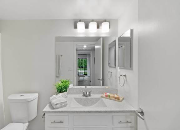 A bathroom with a toilet, sink, and mirror at The Waverly on the Lake - Belleville, MI Apartment , Belleville, MI