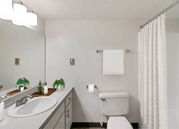 A white bathroom with a toilet, sink, and shower curtain at The Waverly on the Lake - Belleville, MI Apartment, Belleville, MI, 95050
