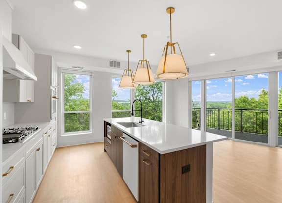 A modern kitchen with a large island and a view of the trees outside.