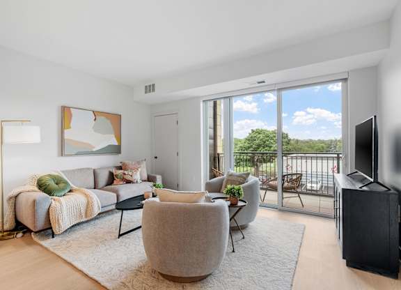 Living room in a one-bedroom, one-bathroom apartment home at Lilia in Lilydale, MN 55118