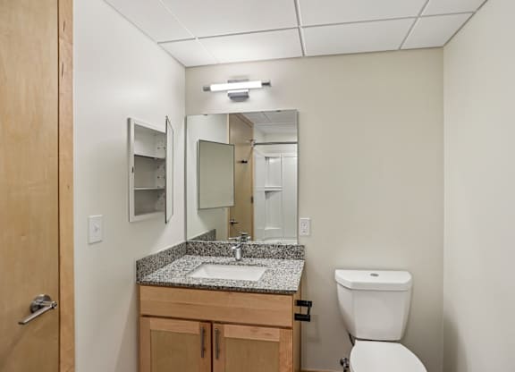 A bathroom with a toilet, sink, and mirror.
