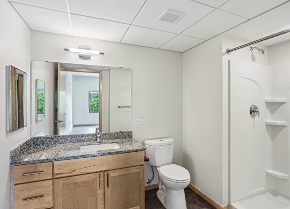 A bathroom with a toilet, sink, and mirror.