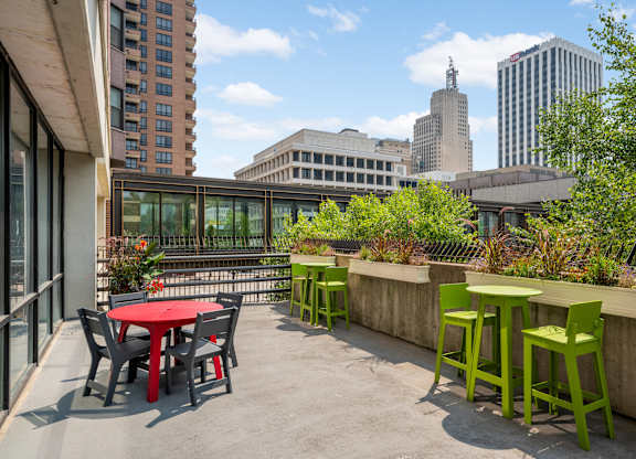 Patio at Mears Park Place with a  view of the Saint Paul skyway and skyline in Lowertown, Saint Paul 55101