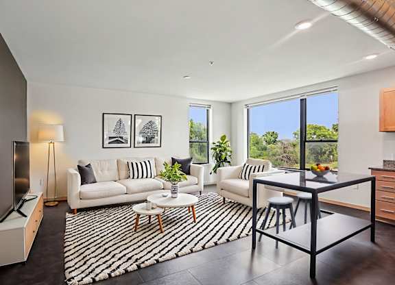 A modern living room with a black and white striped rug.