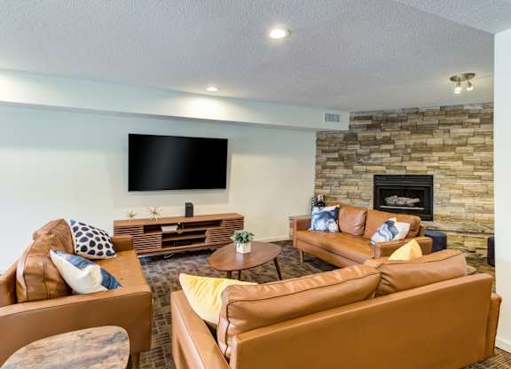 a living room with couches and a fireplace and a tv at Cityscape, Minnesota, 55416