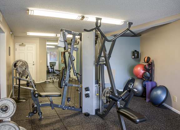 a gym with weights and cardio equipment in a home gym at Cityscape, St Louis Park, MN, 55416