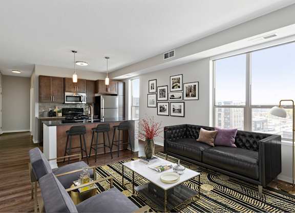 Living room and kitchen open concept at The Palmer, Minneapolis, MN