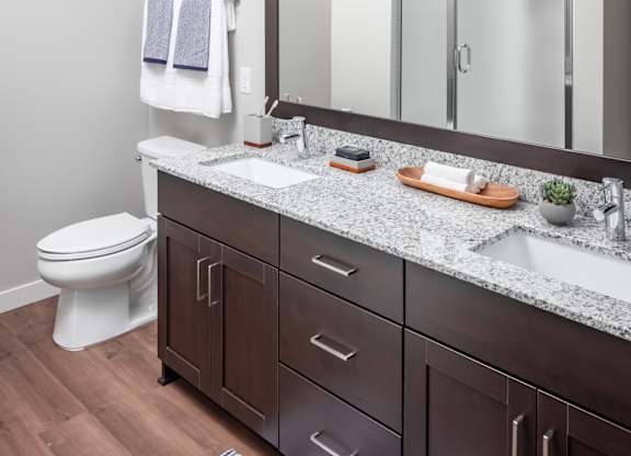 a bathroom with a sink and a mirror and a toilet at Expo, Minnesota, 55414