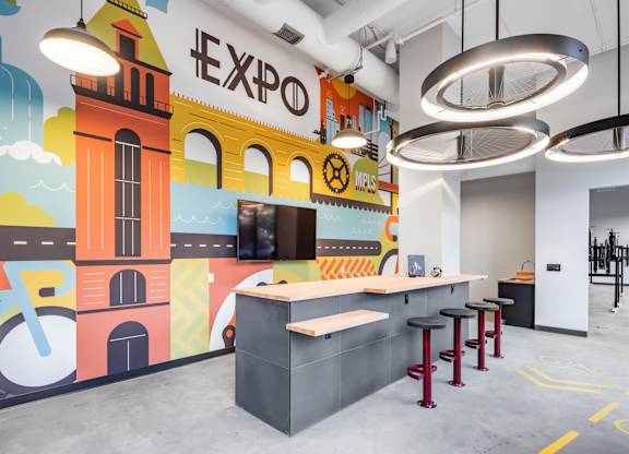 a rendering of the lobby of exo brewing company with a counter and stools at Expo, Minneapolis Minnesota