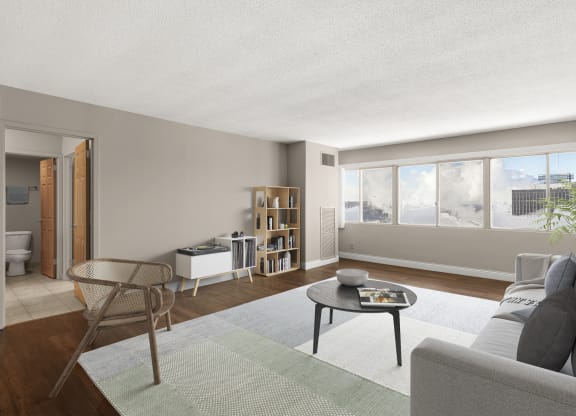 Living Room With Expansive Window at Kellogg Square, St. Paul, MN, 55101