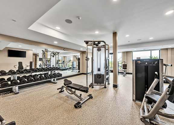 A spacious gym with a variety of equipment including treadmills, weights, and exercise machines.at Lilia, Minnesota, 55118