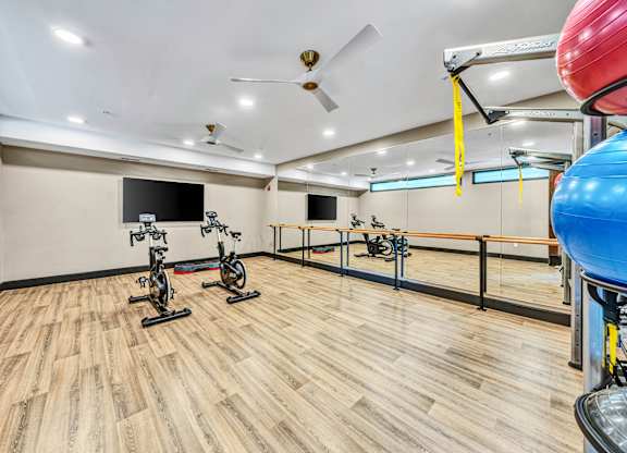 A gym with exercise bikes and a blue ball. at Lilia, Lilydale, MN