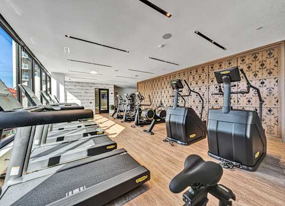 A gym with treadmills, exercise bikes, and weights. at The Mera, Minnesota