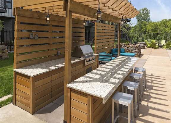 Be @ Axon Green  Grill Area with Granite Counter Tops and Bar stools