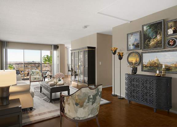 a living room filled with furniture and a large window at The Edina Towers, Minnesota, 55435