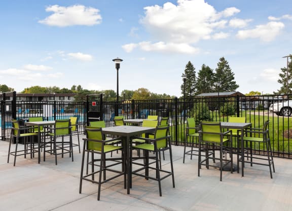 Hightop tables outside  at Villages on McKnight, St. Paul, MN, 55119