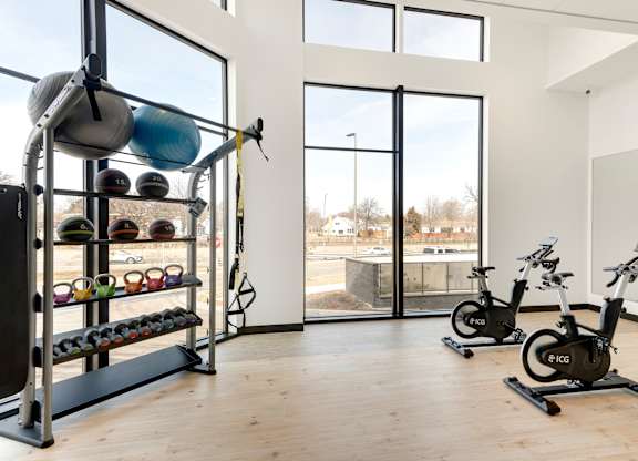 Spin room with bikes and kettlebells