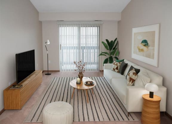 a living room with a white couch and a rug